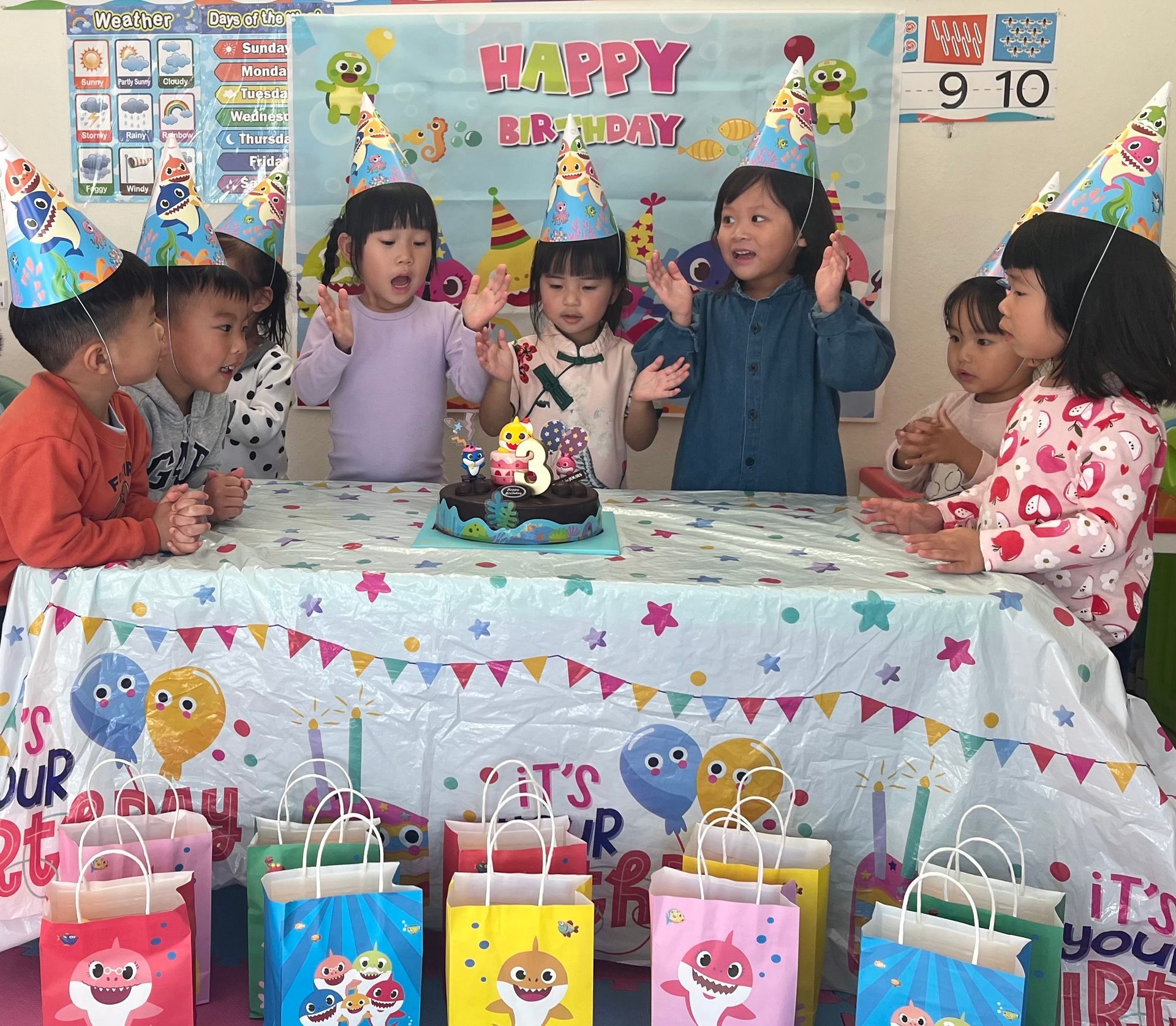 Children at a birthday party, gathered around a cake with party hats and gifts.