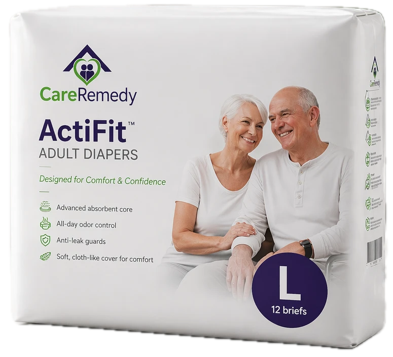 CareRemedy ActiFit adult diapers package, white with purple accents and smiling elderly couple, size L, 12 briefs