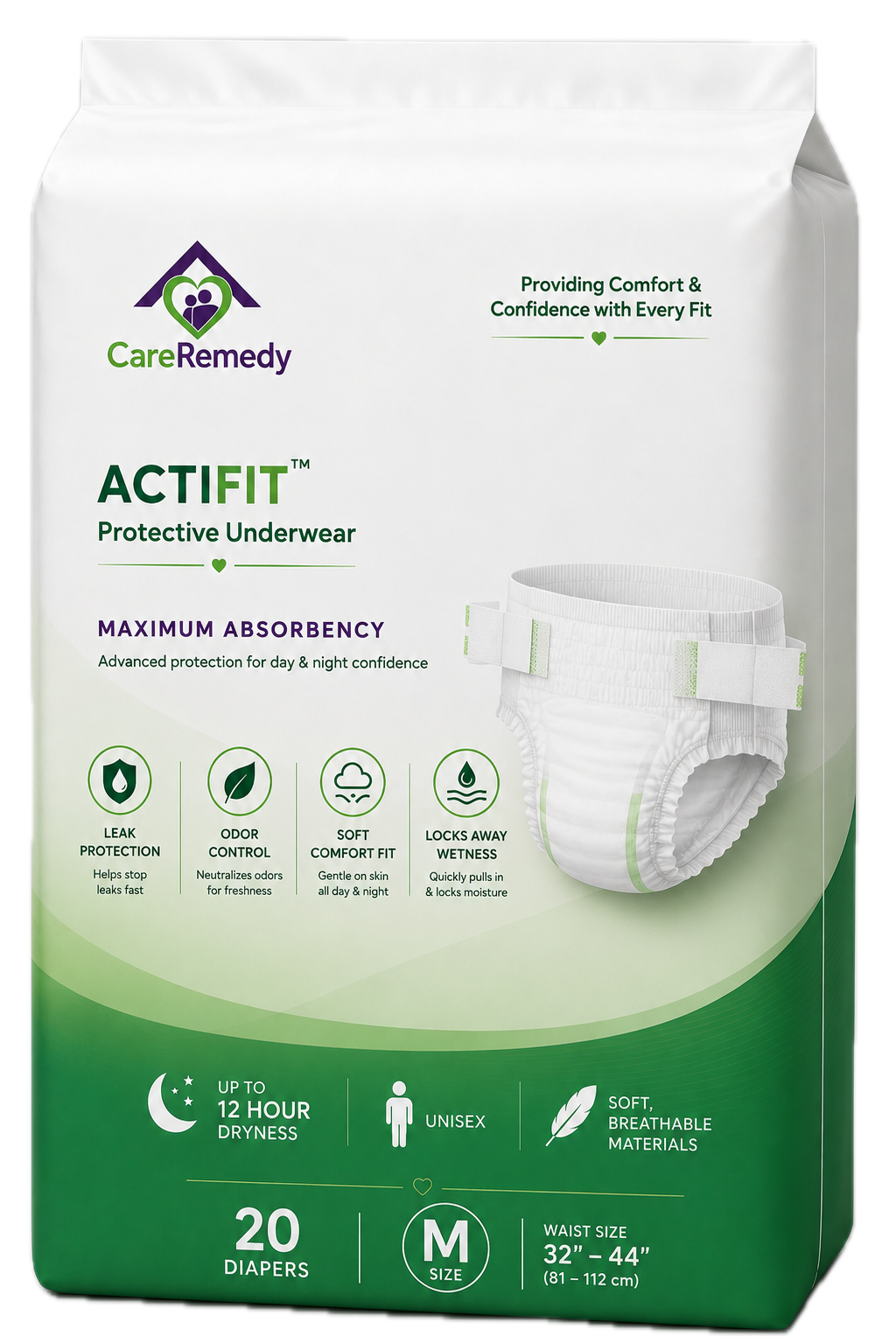 White and green Care Remedy ActiFit protective underwear pack, size M, 20 count