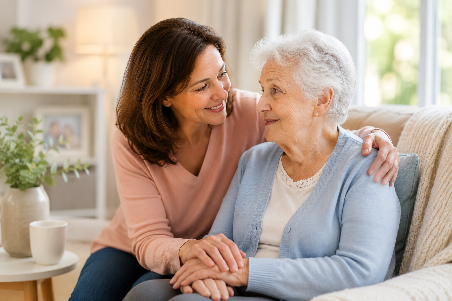 Woman comforting an elderly woman on a couch in a bright living room