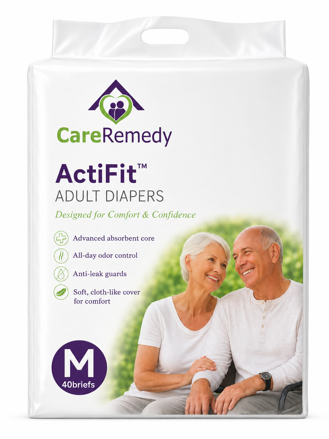 CareRemedy ActiFit adult diapers package in white, with smiling elderly couple and purple size M label