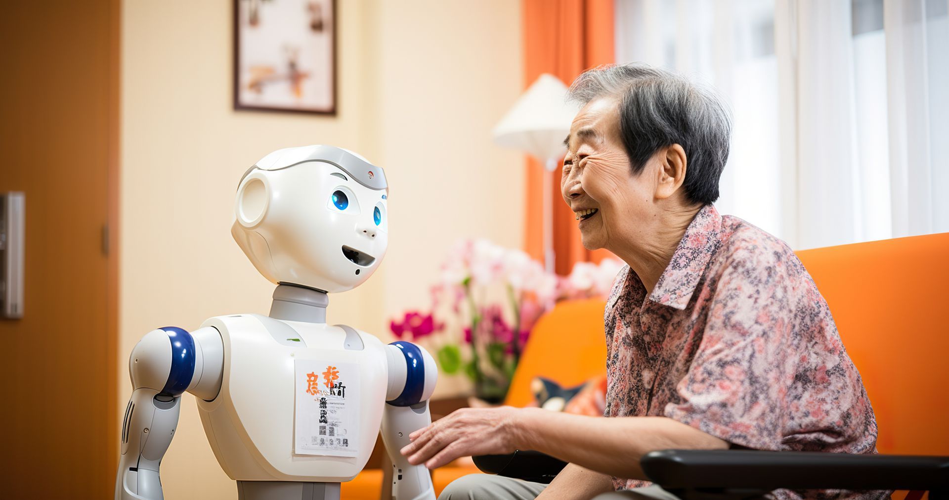 an elderly woman is sitting on a couch talking to a robot .