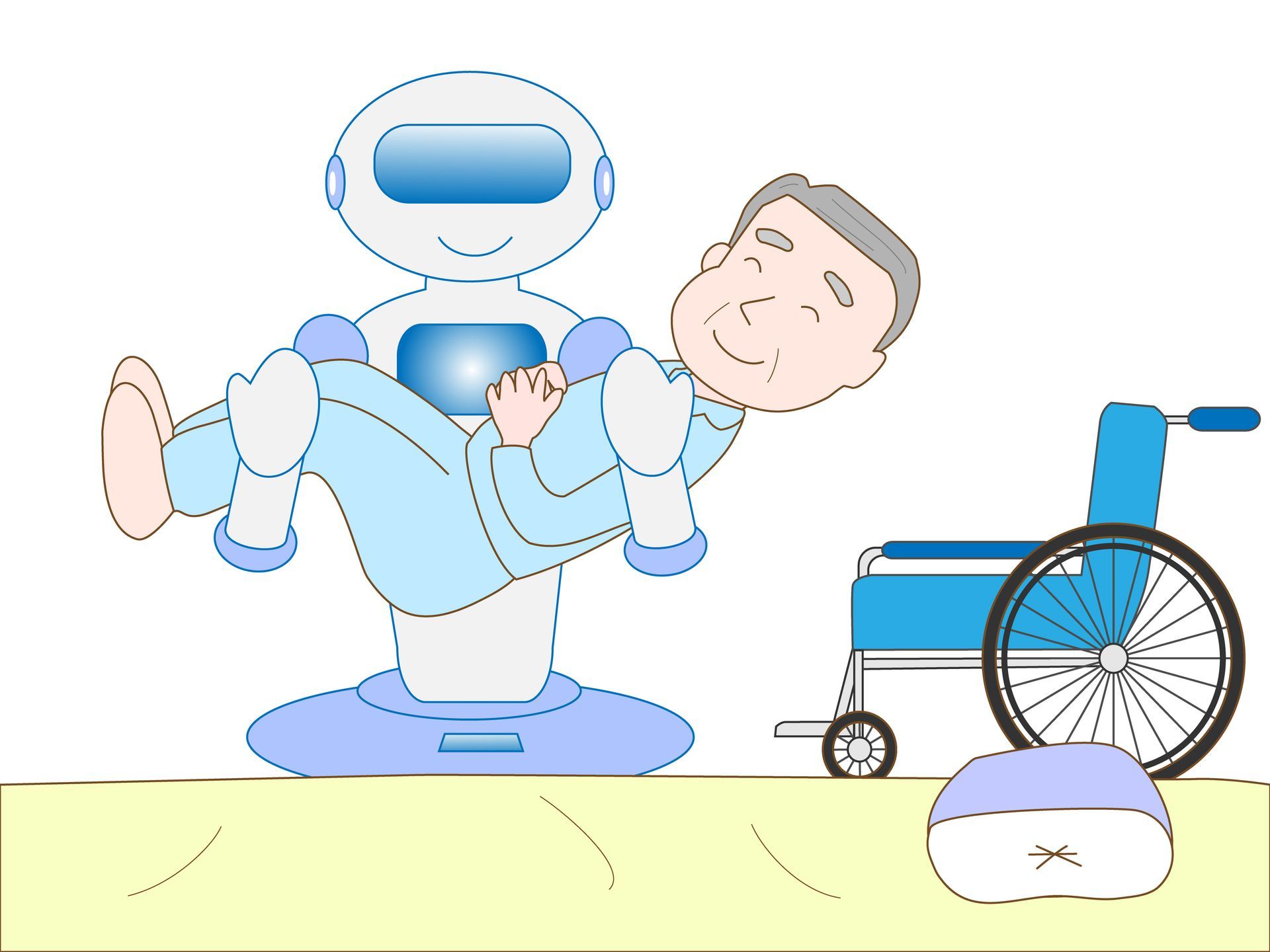 a cartoon of a robot carrying a man in a wheelchair