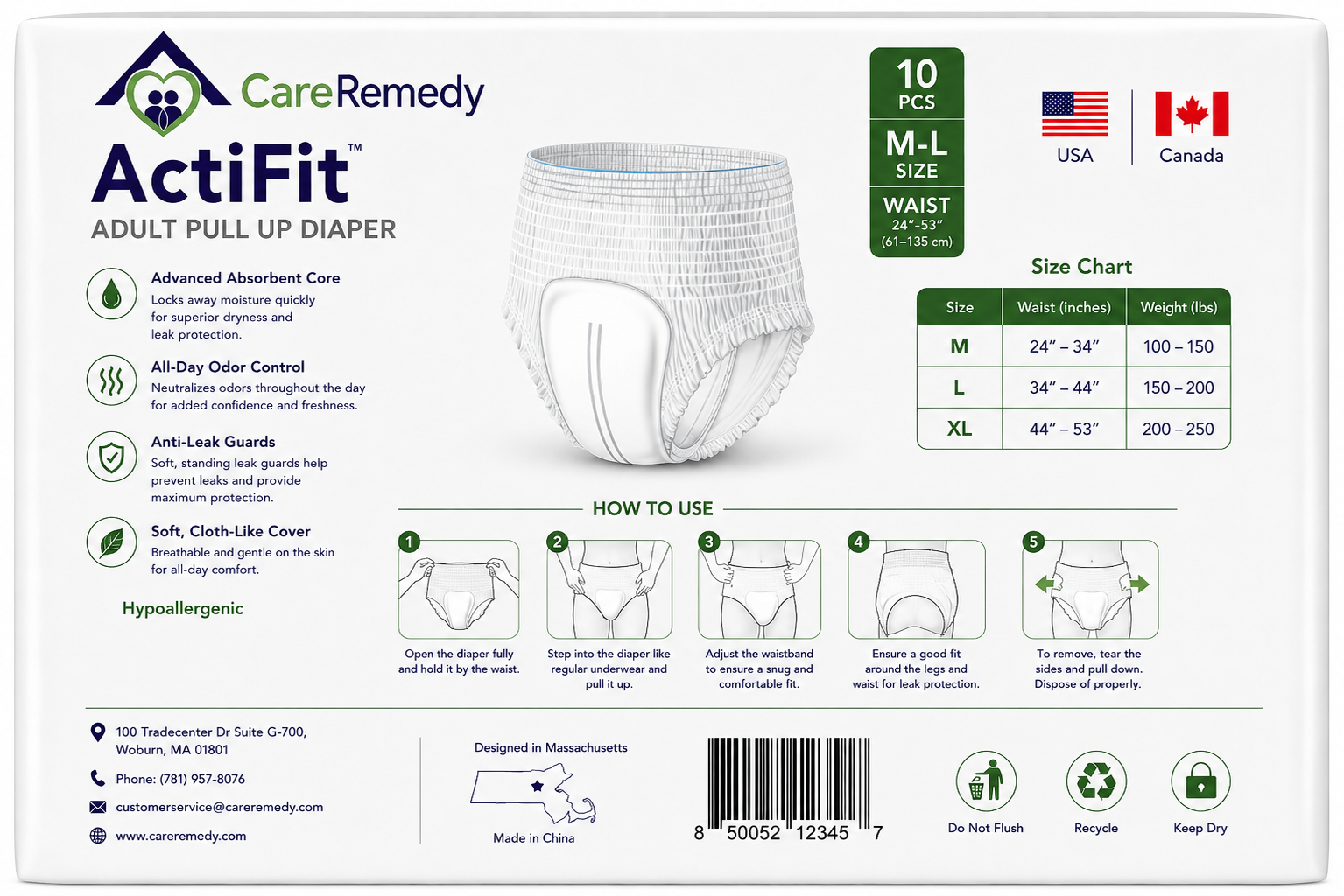 ActiFIt adult pull-up diapers package, white with green accents and size chart