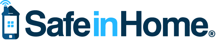 The SafeinHome logo featuring a dark blue smartphone icon with a light blue Wi-Fi symbol and the company name in text.