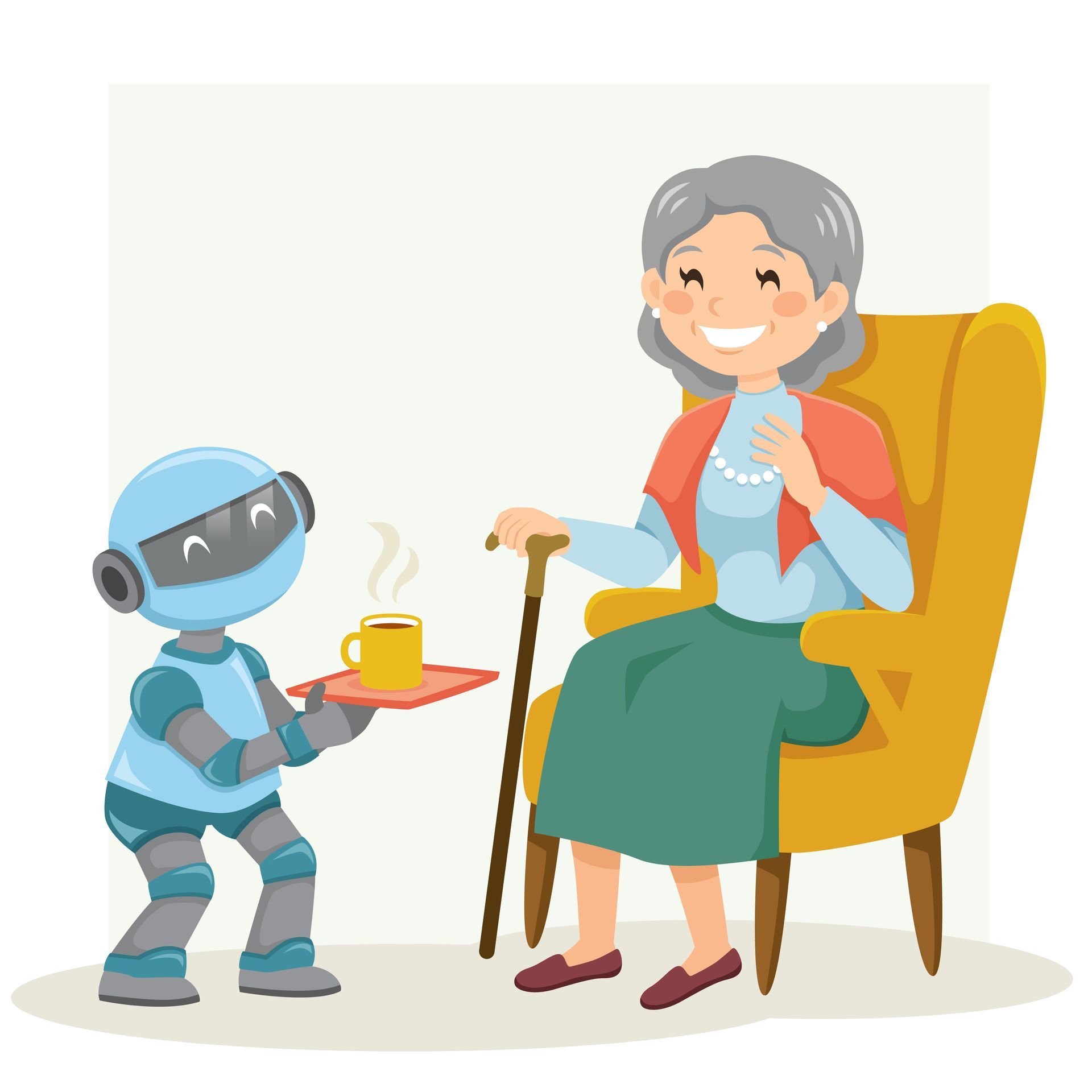 a robot is serving a cup of coffee to an elderly woman .