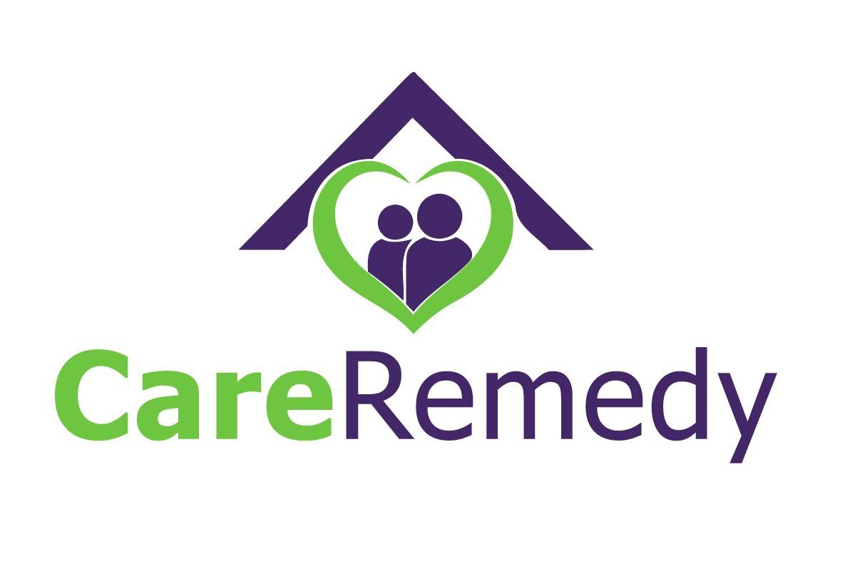 a logo for a company called care remedy with a heart and two people in it .