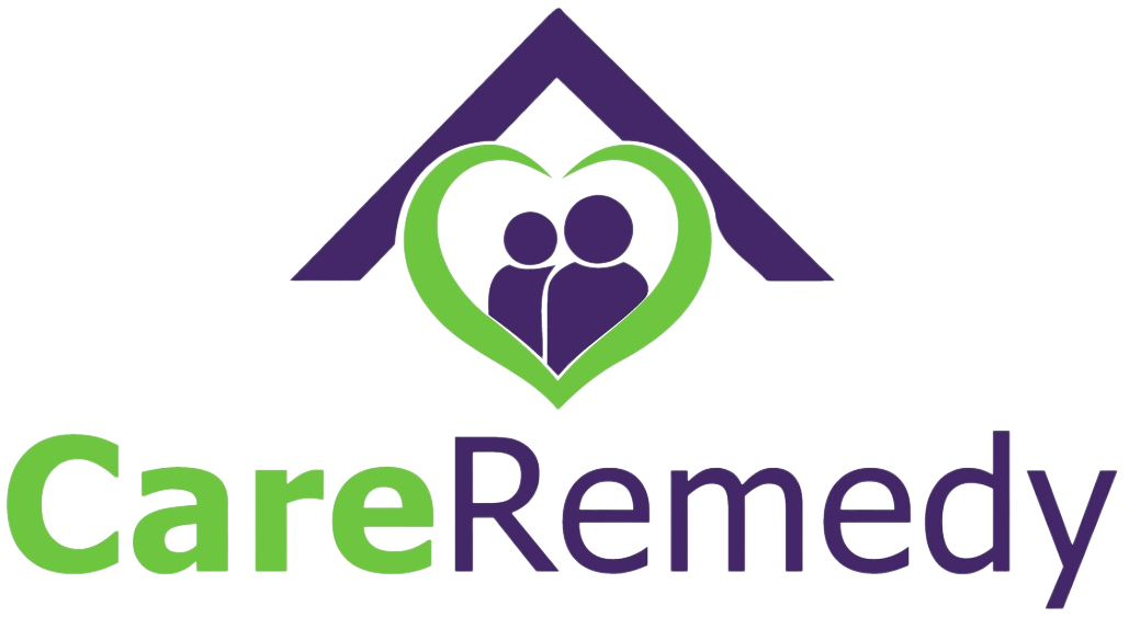 A logo for a company called care remedy with a heart and two people in it.