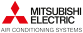 The logo for mitsubishi electric air conditioning systems is red and black.