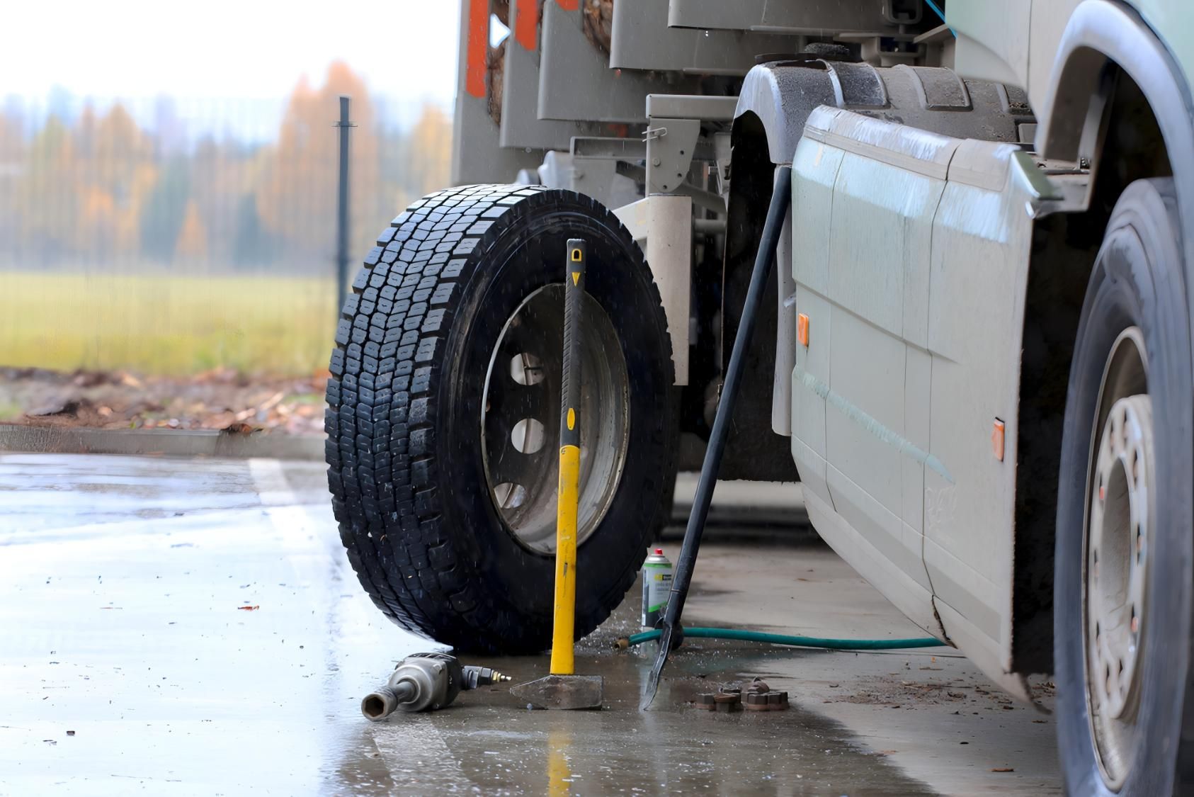 A Truck With a Flat Tire is Being Changed at a Gas Station — CWC Auto Services In Ainslie, ACT