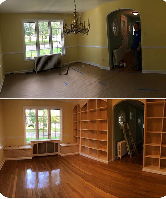 Room renovation before/after: Empty room with window and entrance transforms with bookshelves and wooden floor.
