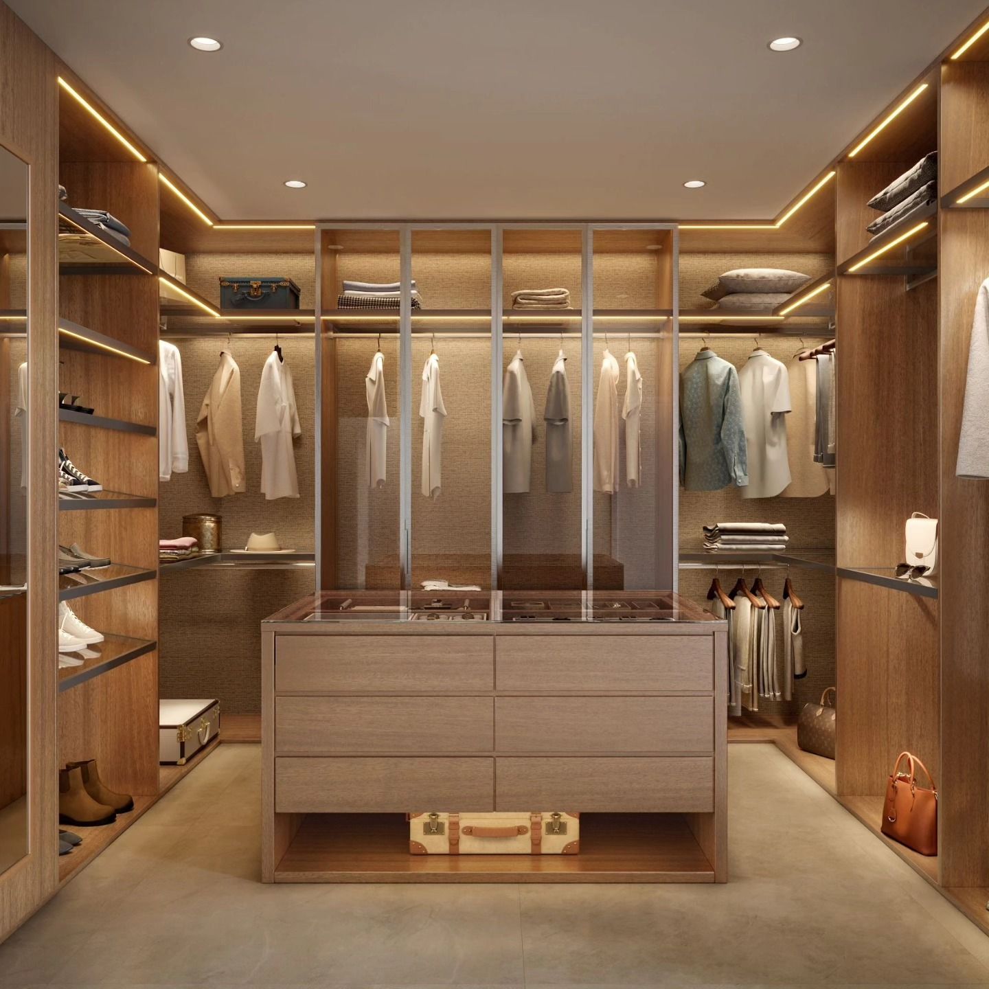 Modern walk-in closet with wood shelving, hanging clothes, drawers, and warm recessed lighting
