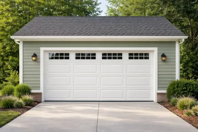 St. Albert Handyman. Two white garage doors with windows, tan siding, and concrete driveway.