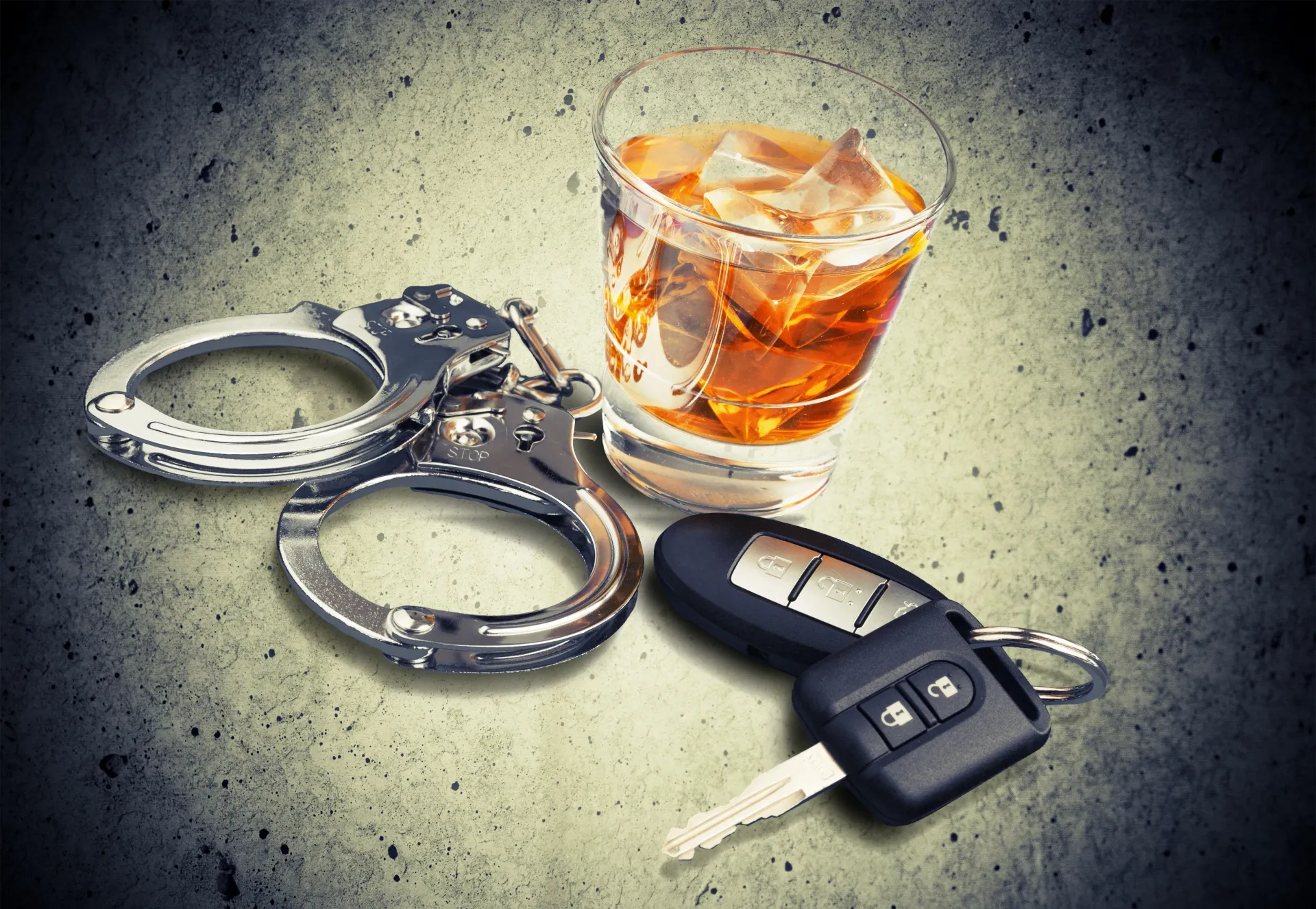 Handcuffs, glass of whiskey with ice, and car keys on a textured surface, symbolizing drunk driving.