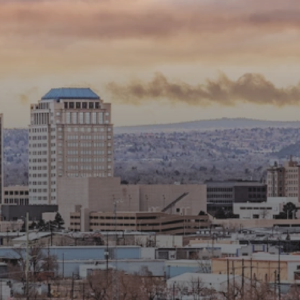 City skyline with tall buildings, cloudy sky, and mountains in the background.