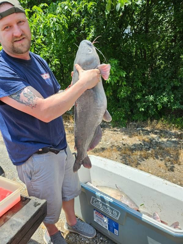A man is holding a large fish in front of a cooler.