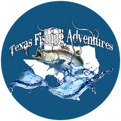 A logo for texas fishing adventures with a fish in the water