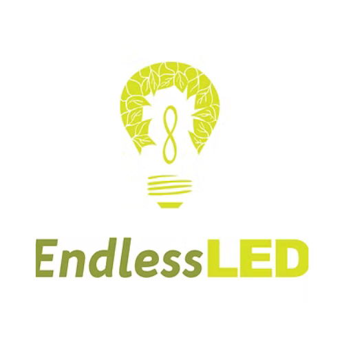 Logo of Endless LED: light bulb made of leaves; wordmark below is green.