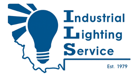 Logo for Industrial Lighting Service. Features a blue lightbulb with rays over a blue outline of California, and the text 
