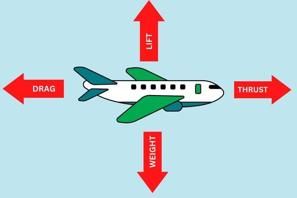 an airplane with four arrows pointing away from the plane