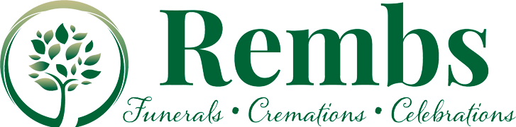 Logo for Rembs, a funeral home, featuring a green tree within a circle and the company name. Services listed below.