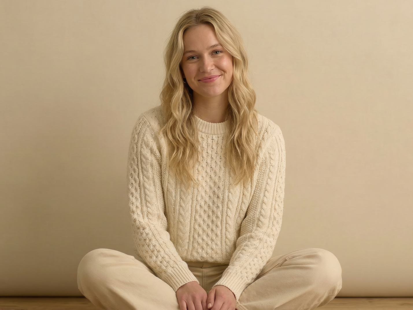Couple gazes down at a baby. Woman in blue, man in beige; neutral setting.