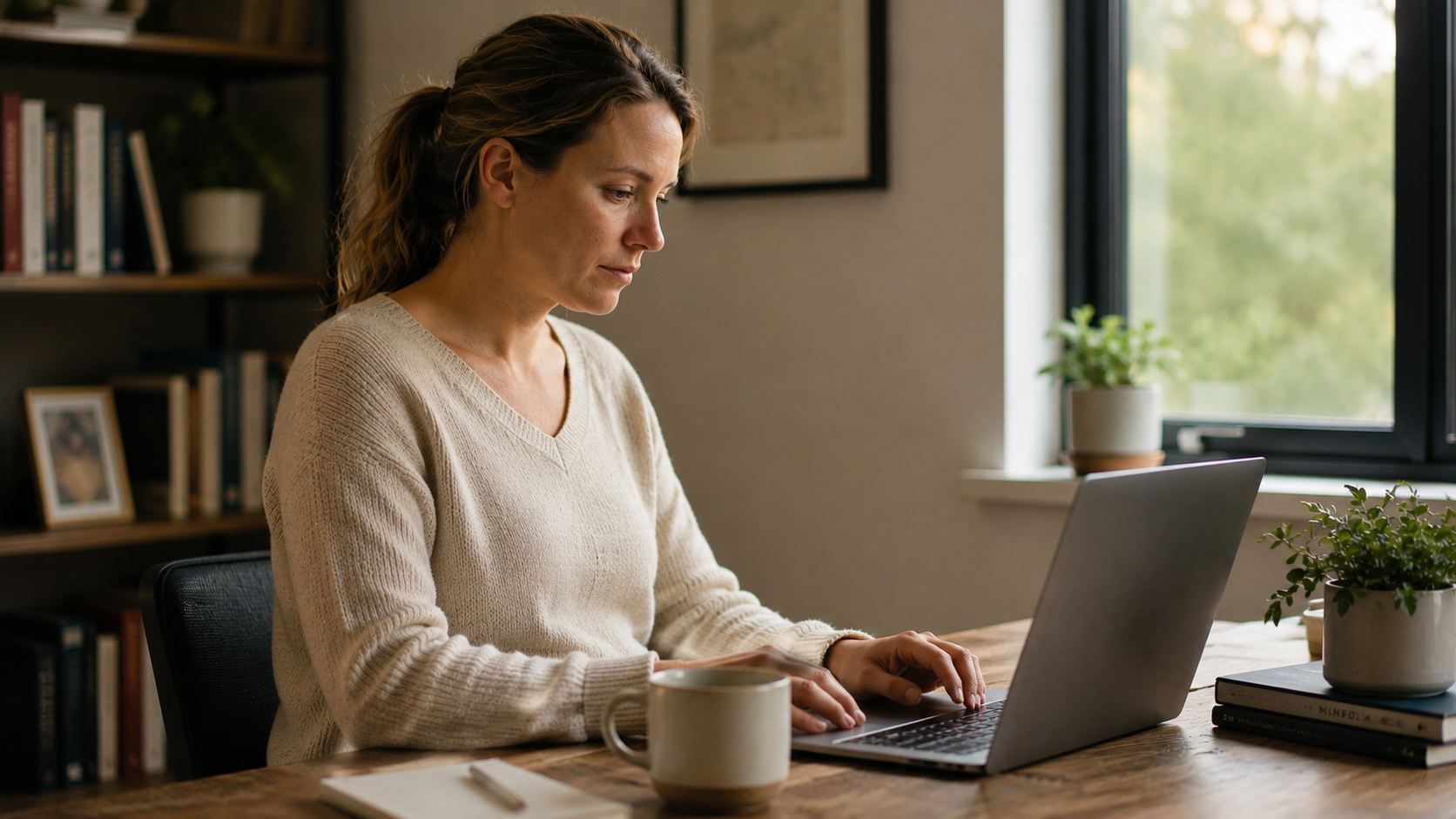 Woman working on a laptop at a desk in a bright home office with a coffee mug and plants.