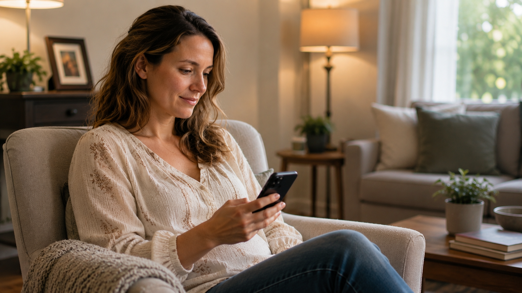 Woman sitting on a sofa, looking at her phone in a cozy living room with warm lamp light.