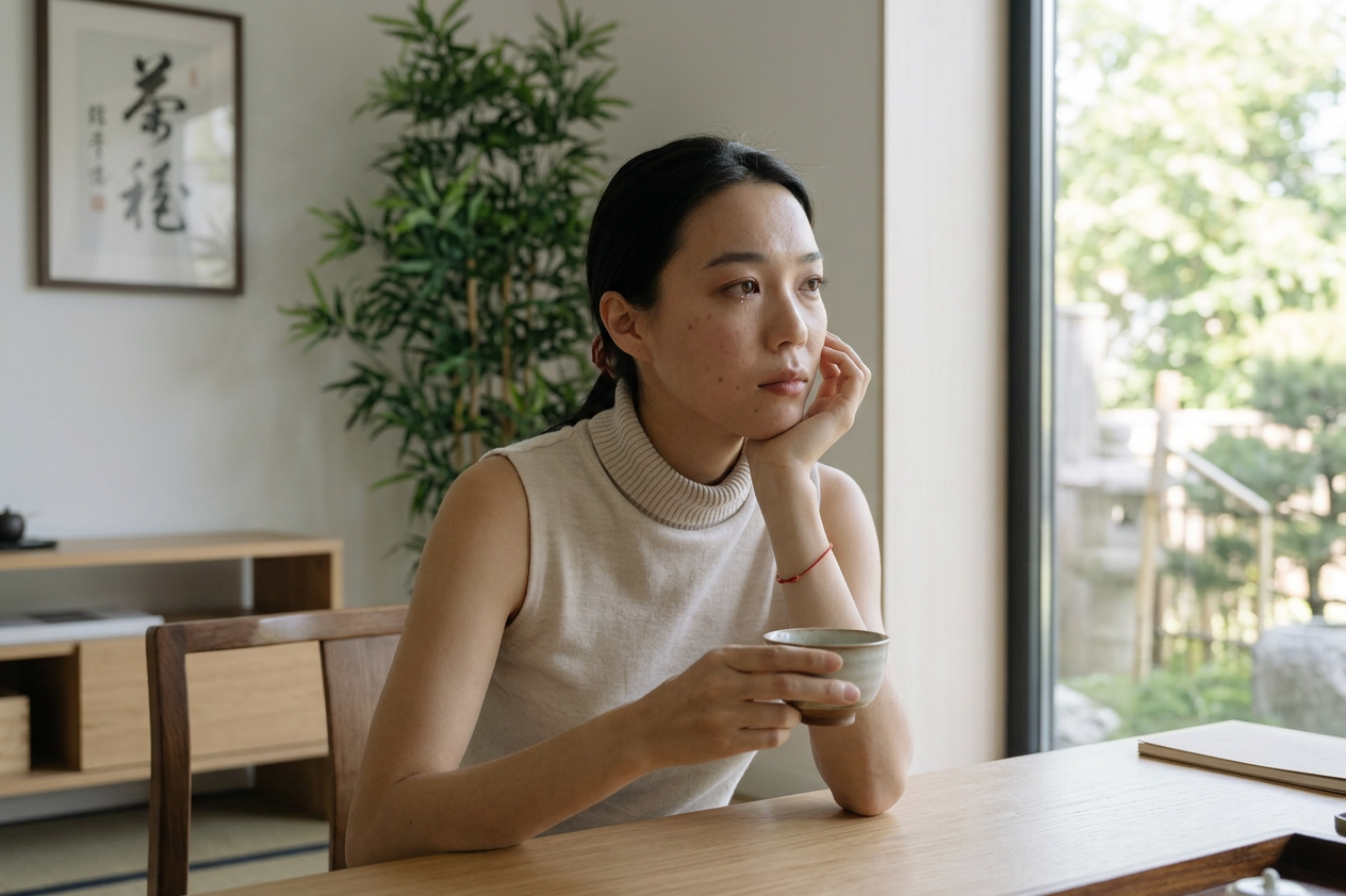 Woman sitting at a table by a window, holding a cup and gazing thoughtfully outside