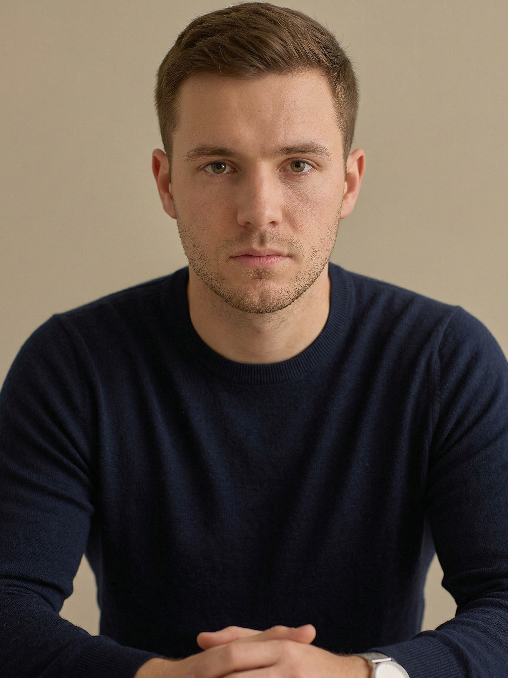 Woman in a brown sweater, hands in hair, looking at the camera, neutral background.