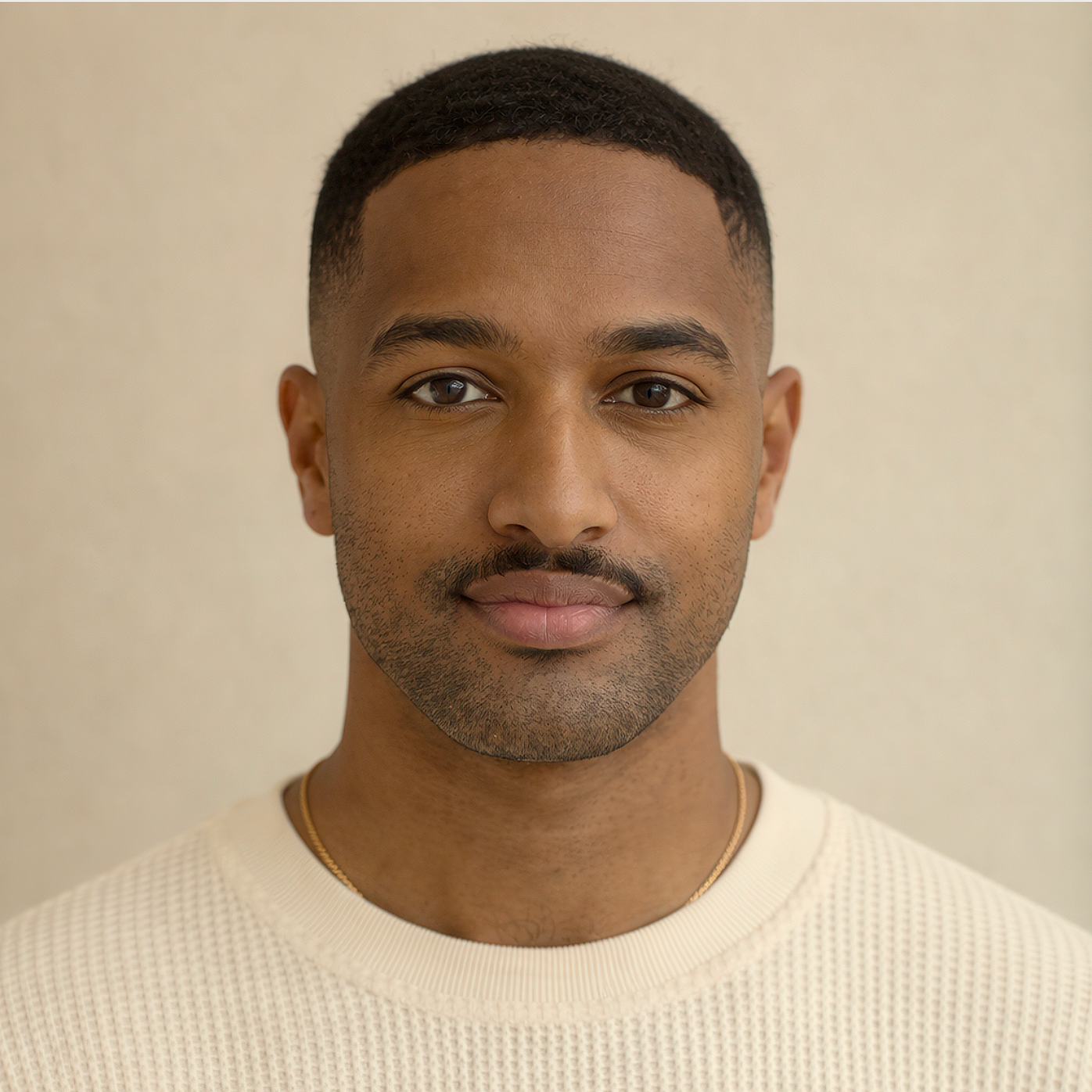 Man with short dark hair, mustache, wearing a cream sweater, looking at the camera.