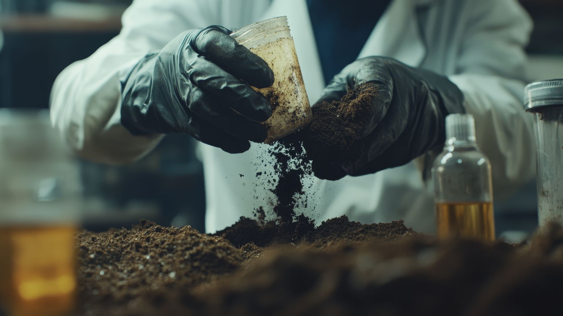 Une personne portant des gants noirs verse de la terre dans une tasse.
