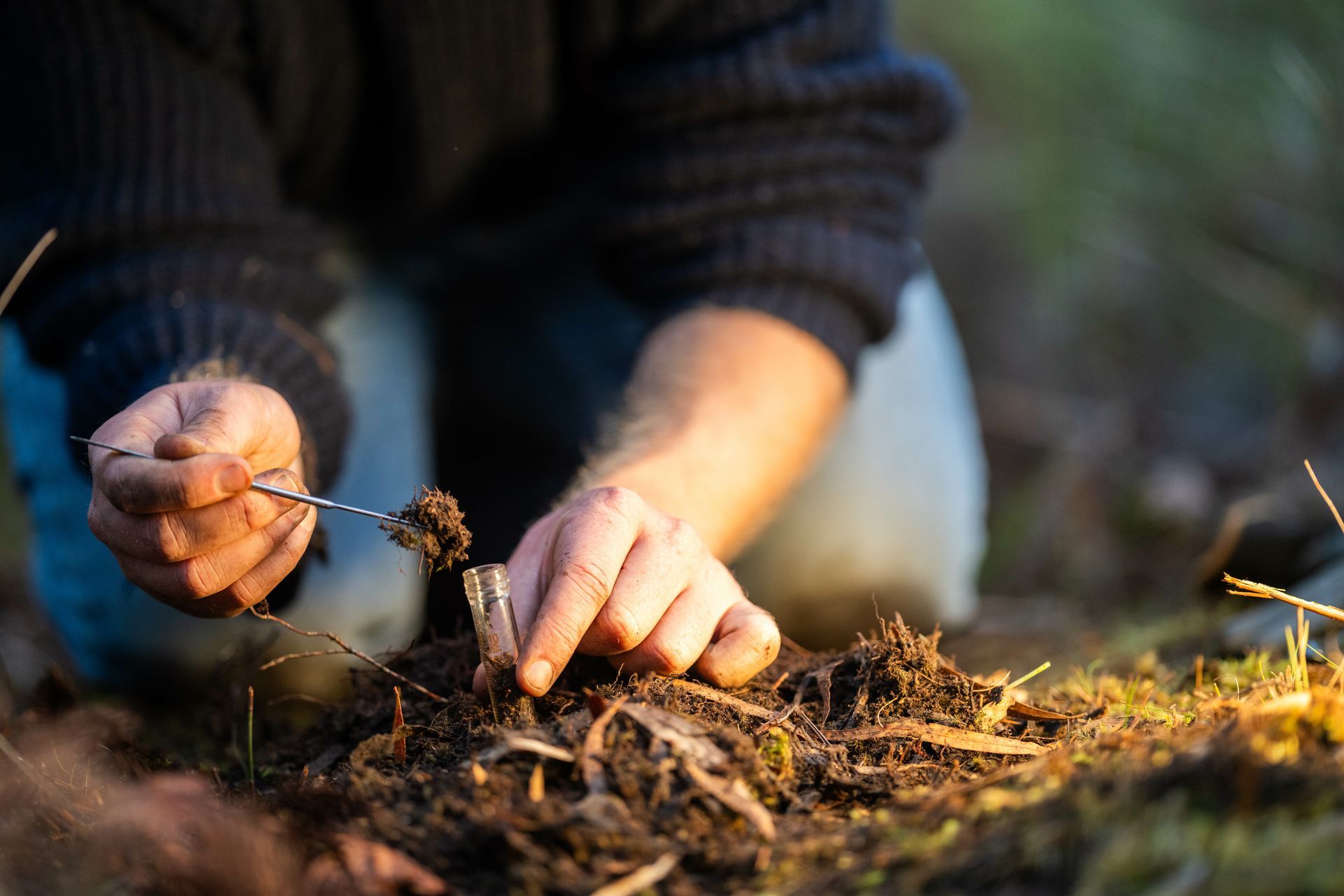 Une personne est agenouillée dans la terre avec une cuillère à la main.