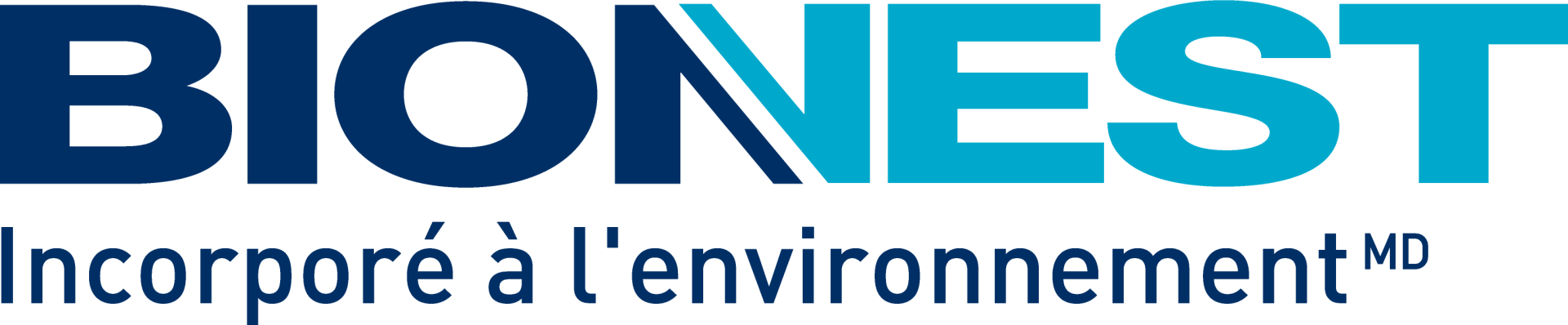 A blue and white bionest logo on a white background