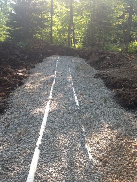 A gravel road with a white line in the middle