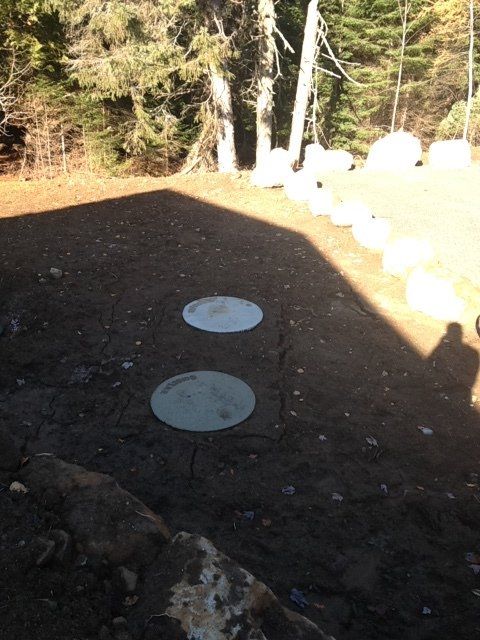 Two white circles in the dirt with trees in the background