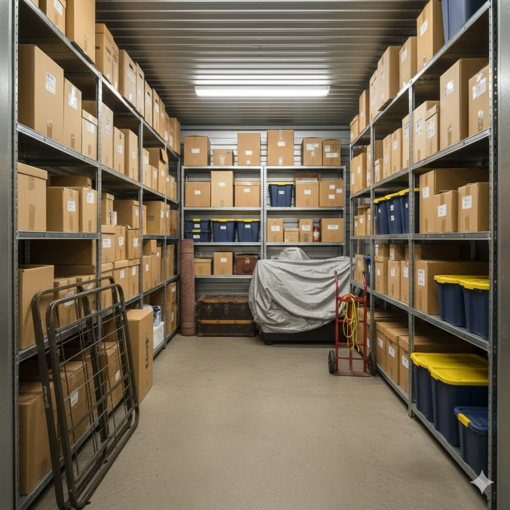 Two people walking through a warehouse, one person on a cart. Shelves with goods on either side.