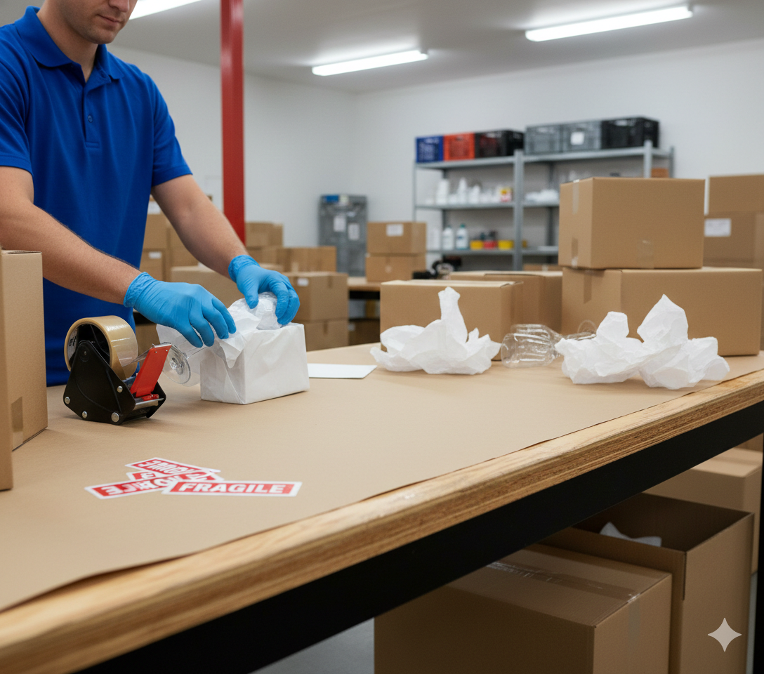 Two people holding cardboard boxes in an empty room, possibly moving.