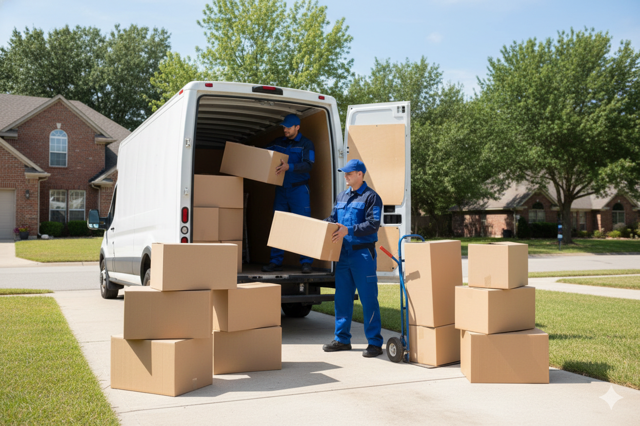 Person loading boxes into a silver van with the back door open. Exterior shot.
