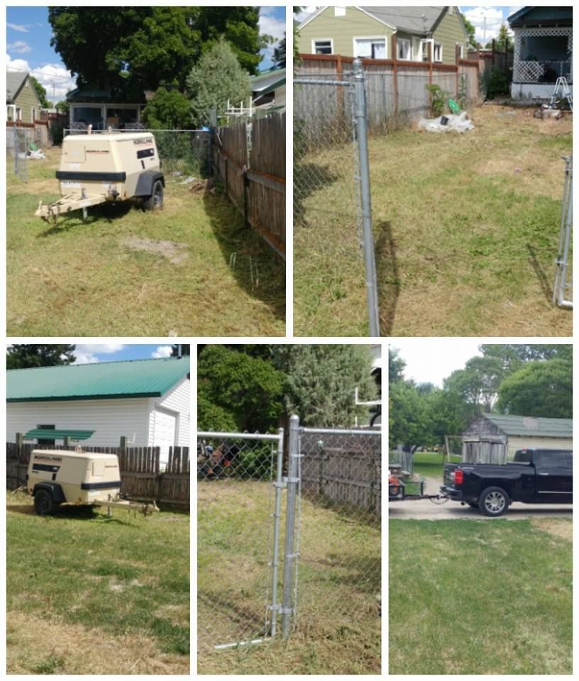 Five photos of a backyard with fences, a trailer, and a truck. The yard has grass.