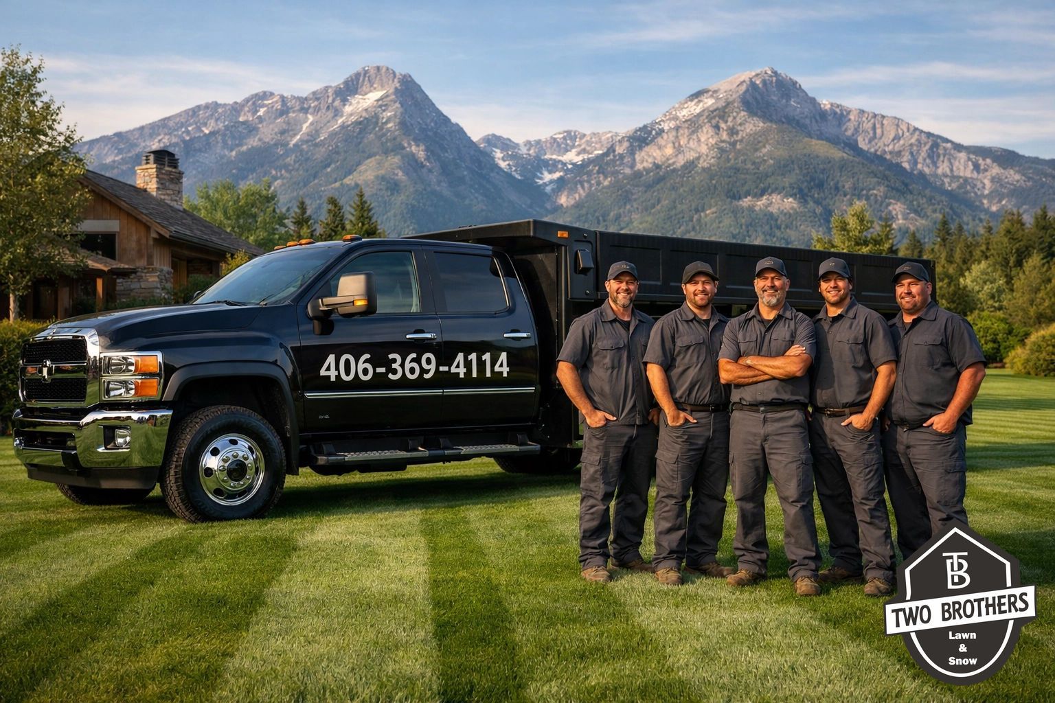 Five people in uniforms stand before a black truck with a phone number in a grassy field with mountains in the background.