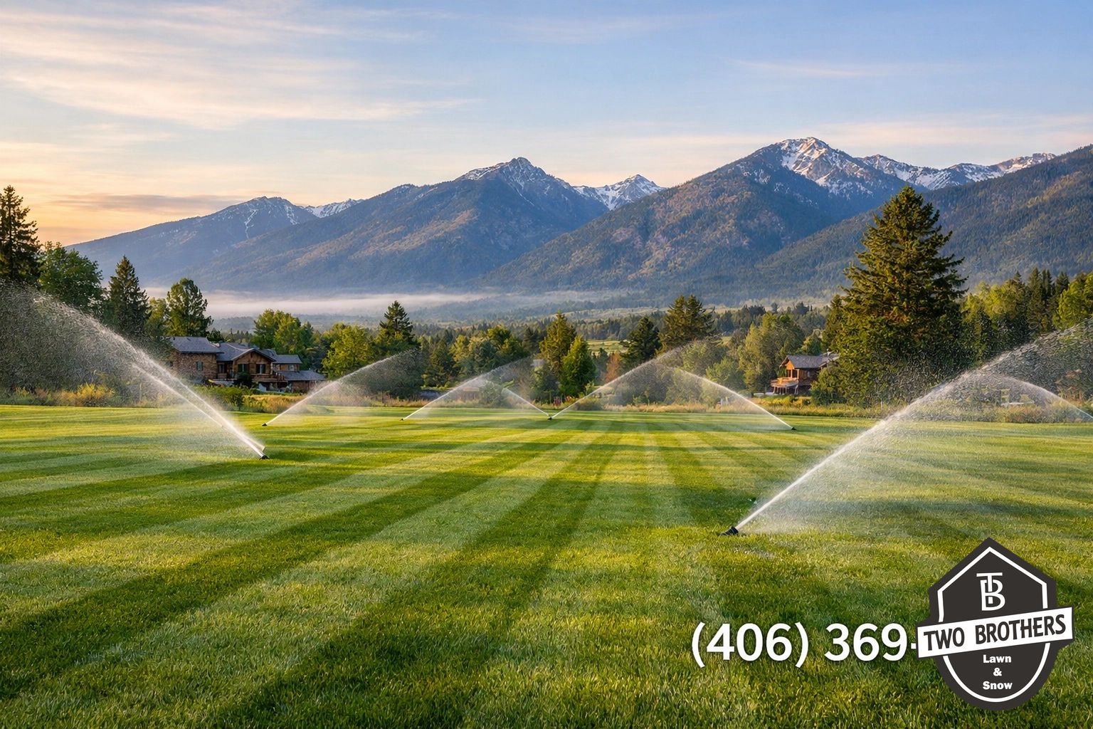A lush, striped lawn is being watered by multiple sprinklers against a scenic backdrop of mountains at sunrise.