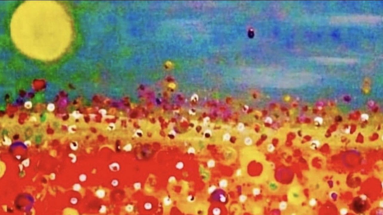 A painting of a field of flowers with the sun in the background