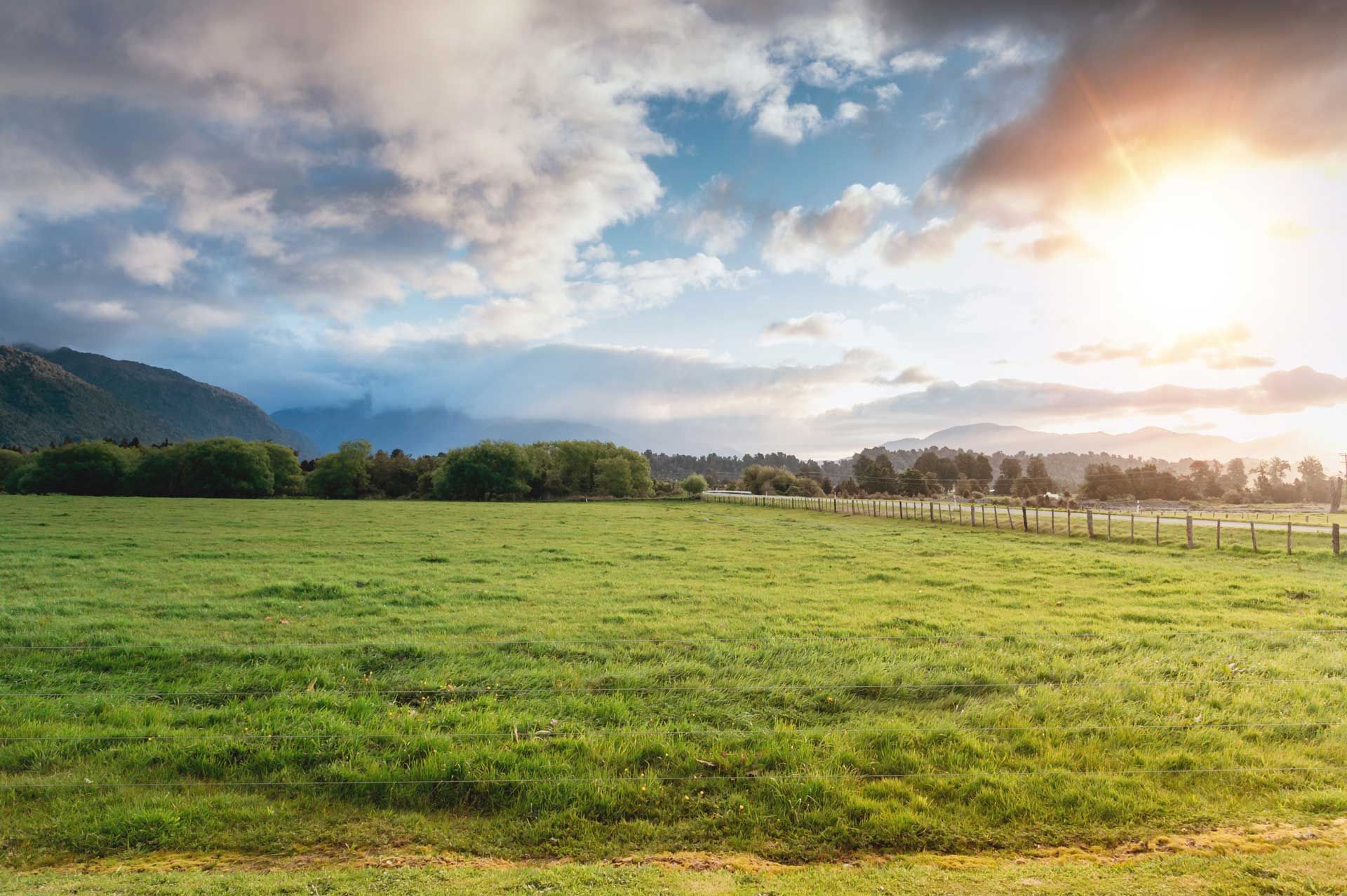 Green field under cloudy sky with sun peeking through. Mountains and trees in the background.