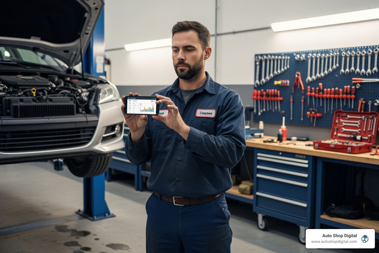 auto mechanic smartphone - SEO for auto shops