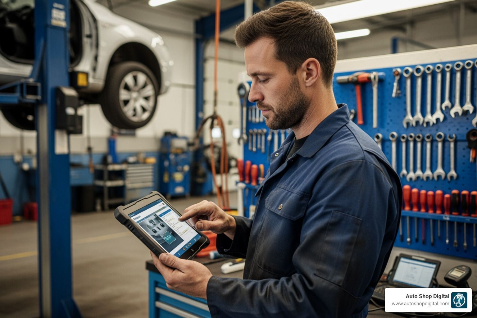auto repair shop with mechanic using tablet - workshop management software