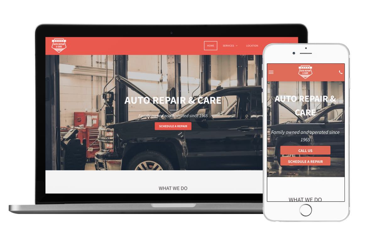 laptop and mobile phone with auto repair & care website on screen