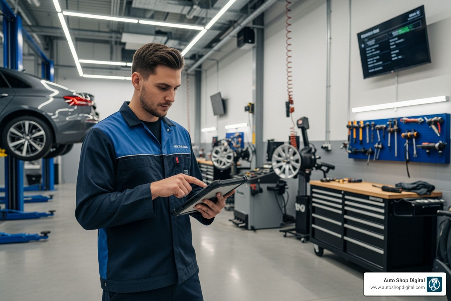 modern auto shop with technician using tablet - automotive shop management software