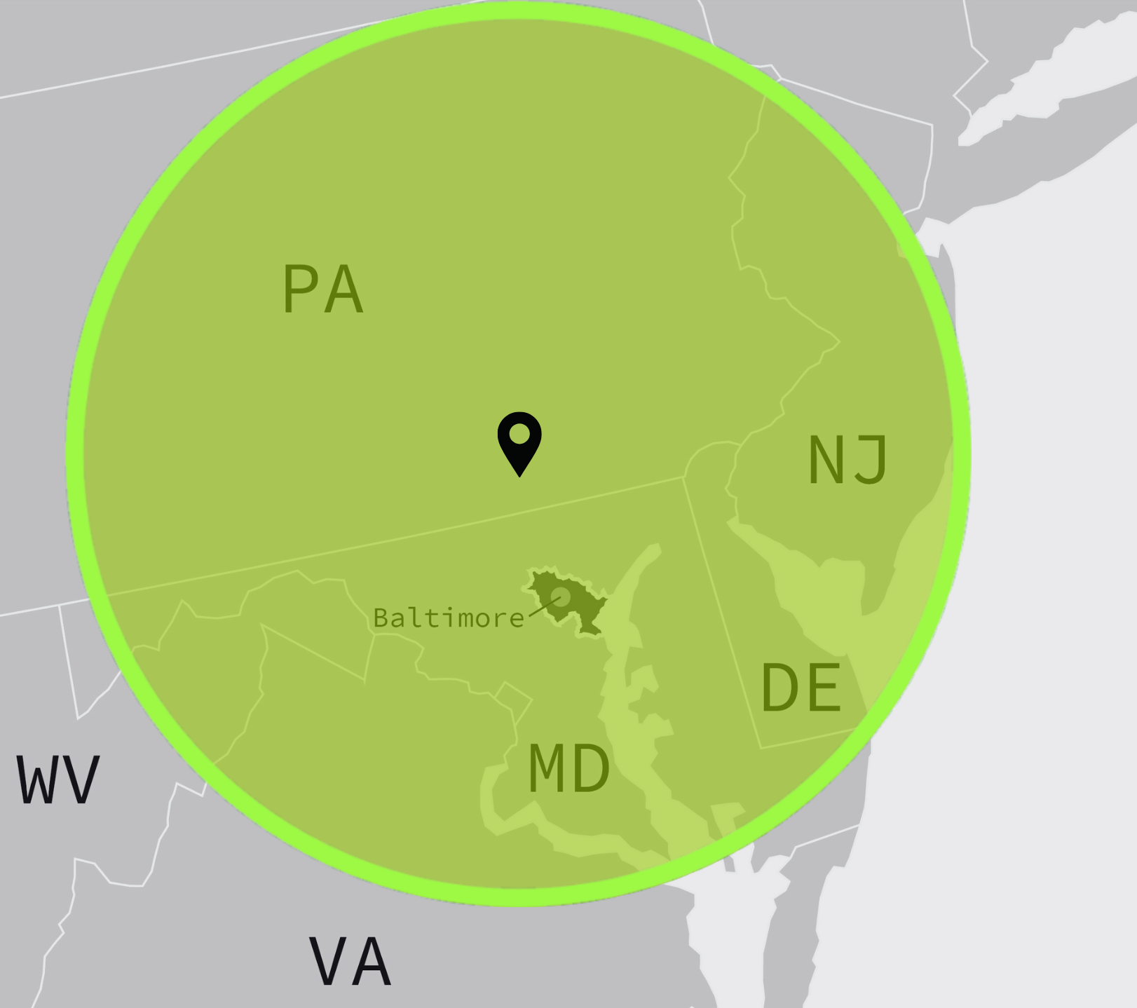 A map of the united states with a green circle around lancaster