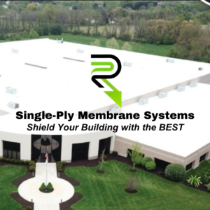 An advertisement for single ply membrane systems shows an aerial view of a building